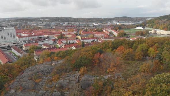 Bunkeberg Mountain and Gamlestaden Gothenburg Autumn Foliage Aerial Forward