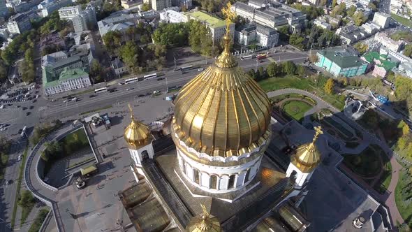 Flight Around of the Cathedral of Christ the Saviour Against Background of City Moscow Russia alt