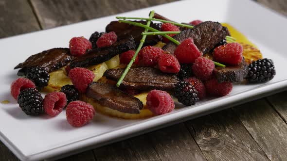 Rotating - smoked duck bacon with grilled pineapple, raspberries, blackberries and honey  alt