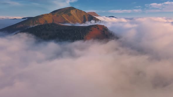 Aerial View Panorama of Misty Carpathian Mountains in Autumn Sunrise Foggy Clouds Nature alt