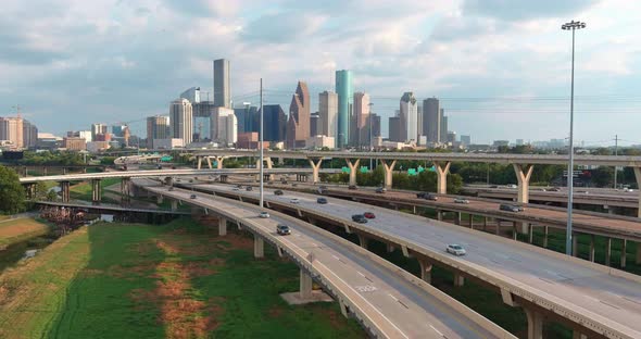 High angle establishing drone shot of downtown Houston. This video was filmed in 4k for best image q alt