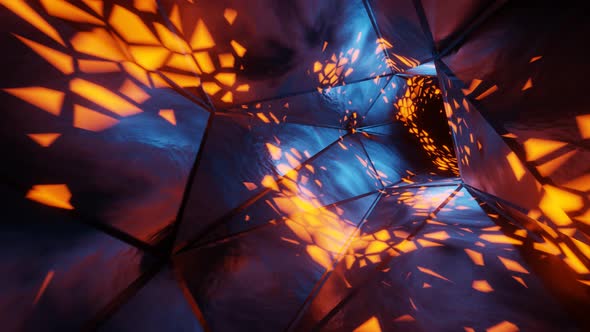 Loop 4K. Infinite geometric tunnel with glowing orange spots particle.