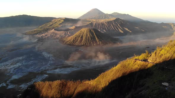 Beautiful cinematic aerial view video clip of Bromo mountains during sunrise