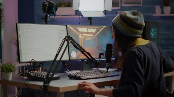 Streamer Coming in Gaming Room Playing Videogames alt