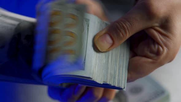 Hands Checks US Dollar Bills or Counting in Cash Against the Backdrop of Police Car Lights alt