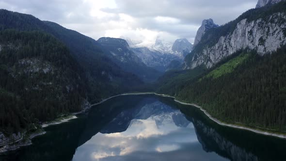 Aerial View of Alps Mountains Reflection in Gosausee Lake in Upper Austria alt