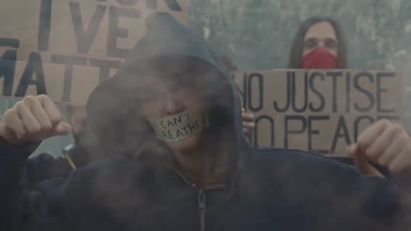 Young Caucasian Woman with Taped Mouth and Inscription I Can't Breathe alt