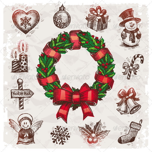 Christmas and New Years Vector Hand Drawn Set - Christmas Seasons/Holidays