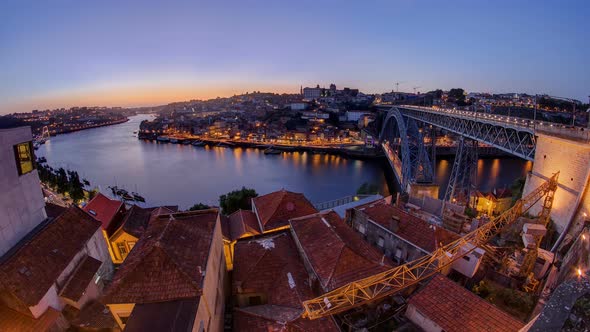 Panorama Old City Porto at River Duorowith Port Transporting Boats After Sunset Day To Night alt