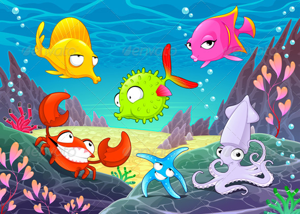 Under The Sea Cartoon : A big squid under the sea with the corals