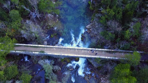 Forest, river and a bridge from above, drone shoots alt