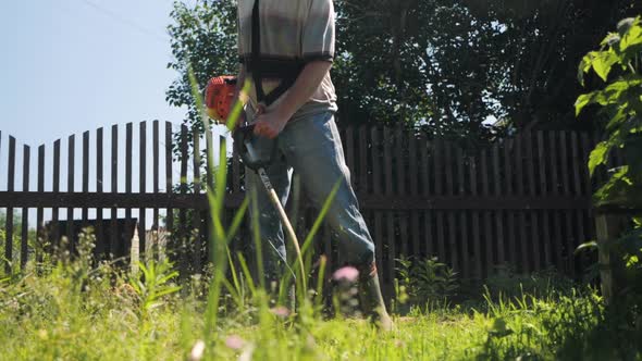 Male Gardener Mowing Green Lawn with Manual Gas Grass Mower Garden Maintenance alt