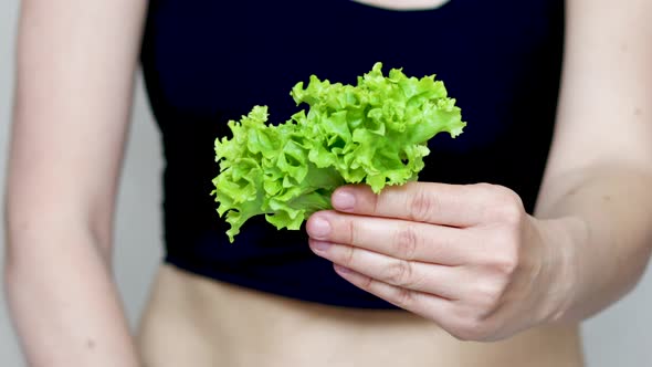 weight loss and healthy nutrition concept. fit woman is holding in hand green lettuce salad leaves.  alt