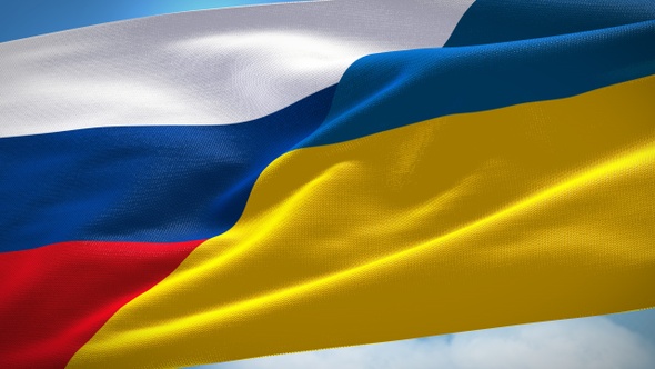 Split Ukrainian & Russian Flag Waving in Daytime in 4K