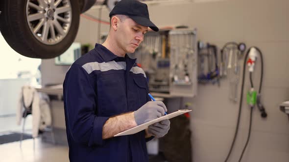 Mechanic in a Auto Repair Shop Making Notes to His Tablet alt