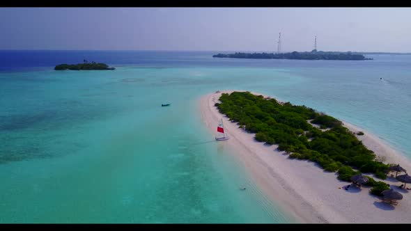 Aerial sky of paradise tourist beach lifestyle by aqua blue sea with white sand background of a dayo alt