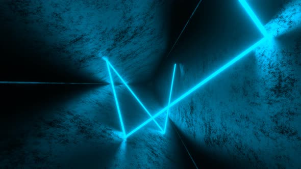 Blue Neon Ray Moving in Rotating Triangle Dark Tunnel