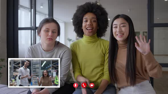 Isolated Multiethnic Young Women Waving in Video Chat to Joyful Workers Talking From Industrial alt