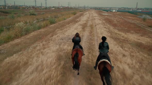 Women Friends Gallop Sitting on Horseback Along Ground Road