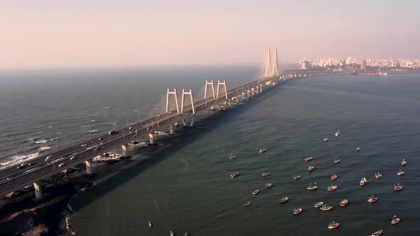 Mumbai, India, Worli sea link bridge, 4k aerial drone city skyline view alt