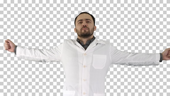 Yawning doctor with hand covering mouth tired, stressed alt