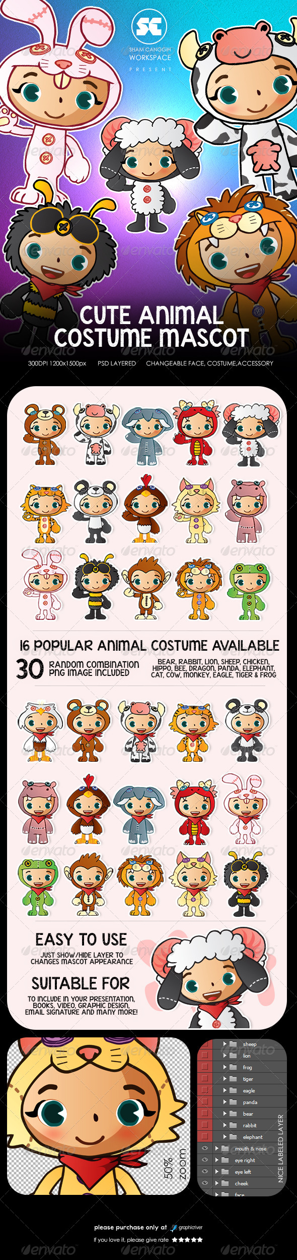 People With Cute Animal Costume Mascot - Characters Illustrations
