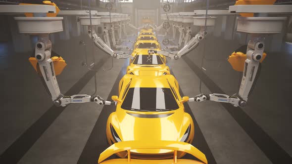 Modern, automated supercar assembly line. Robotic arms manufacturing vehicles.4K