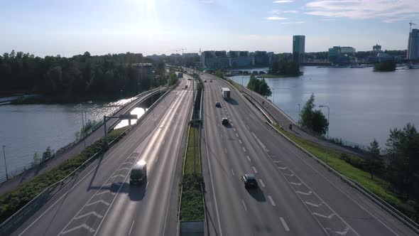 Aerial View of the Streetlamps on the Bridge in Lauttasaari in Helsinki Finland alt