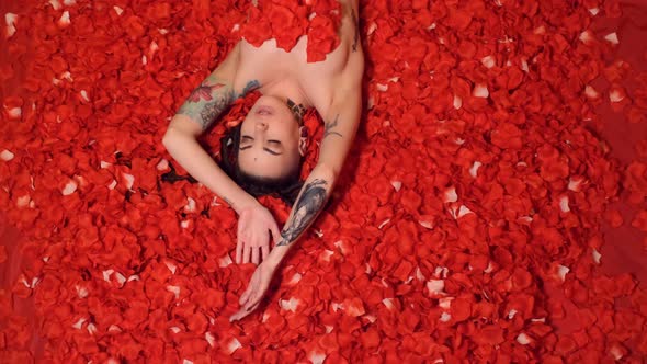 Beautiful Girl lies in petals red roses