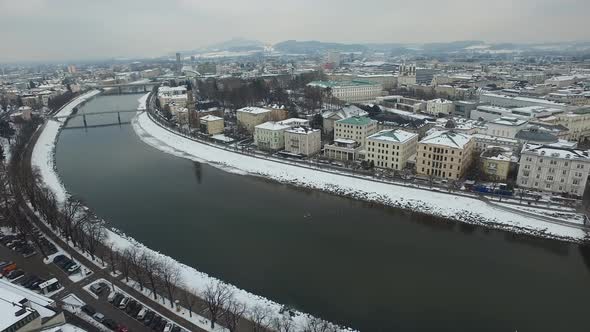 Aerial view of Salzach River and Salzburg alt