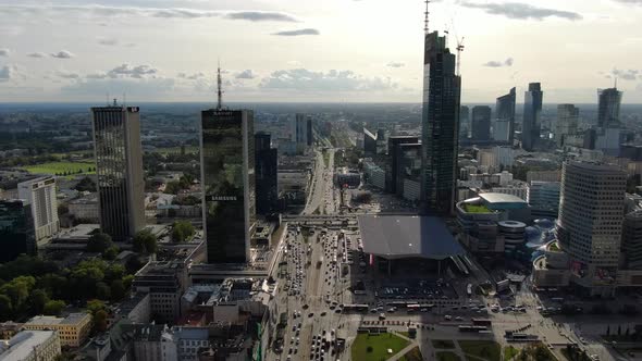 Flying over a busy street in Warsaw city centre, capital of Poland, Europe alt