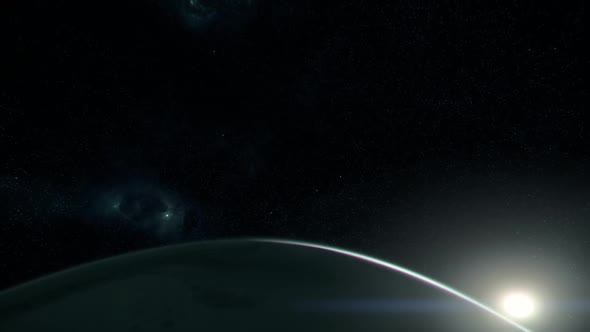 3D Earth from space. The camera flies away from the Earth. Stars twinkle.