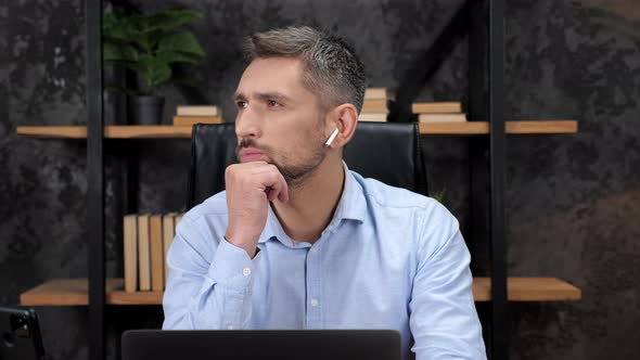 Thoughtful Man Trader Broker Thinks About Risks Buying Shares on Stock Exchange alt