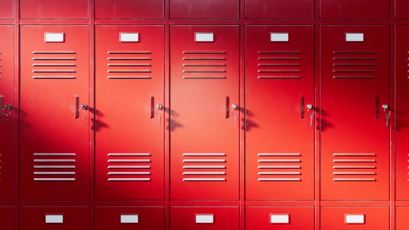 Lockers for students at school or university. Red lockers at hallway or gym. alt