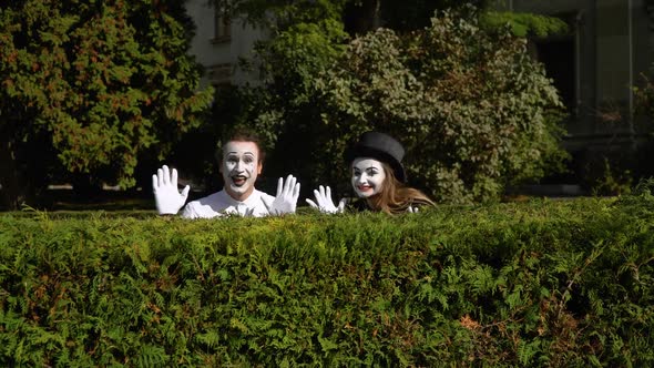 Two Mimes on the Park Hiding Behind Bushes. Male Mime and Female Looking at the Camera and Smiling alt