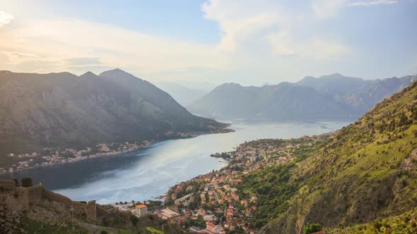 Time Lapse, view from above on the bay in Adriatic sea with cruise liner near a Kotor city