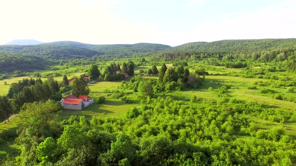 Aerial view of Jesenica river and surrounding in Croatian region Lika. alt