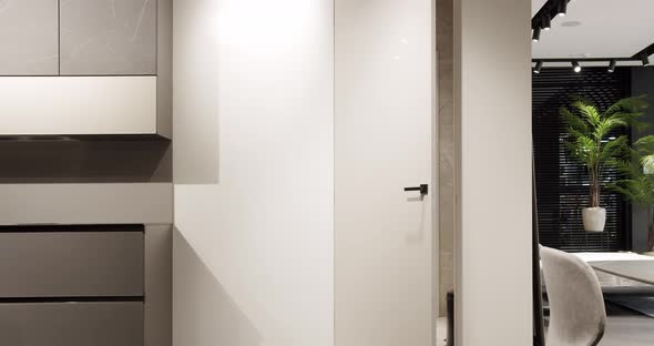 Minimalist white door in a modern home. Modern Apartment with white modern door alt