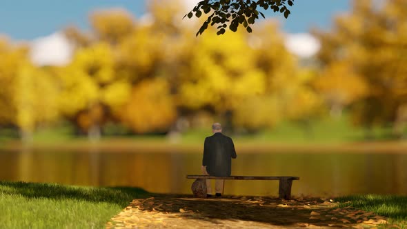 A Lonely Older Man Is Sitting Alone On The Bench In Autumn