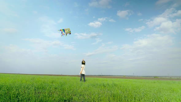Little girl playing with a kite on a green field