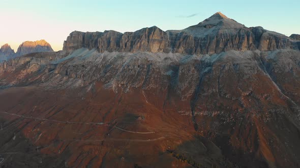 Sunrise in the Dolomites. Aerial View of Mountains and Valleys. South Tyrol and Trentino. Autumn