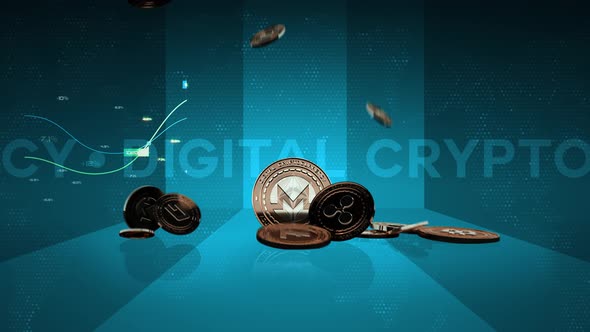 15 - 1 Cryptocurrency Background with Coins, Bars and Text 4K