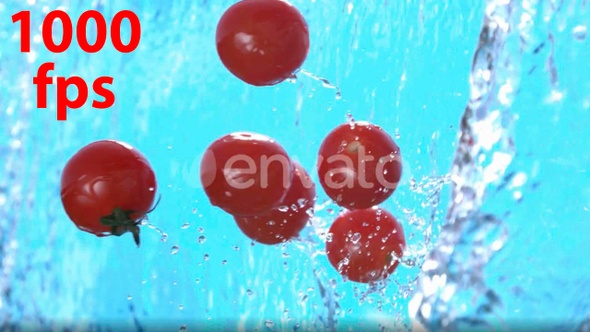Ripe Cherry Tomatoes Falling Into Water Splash Cascade In Slow Motion 4k alt