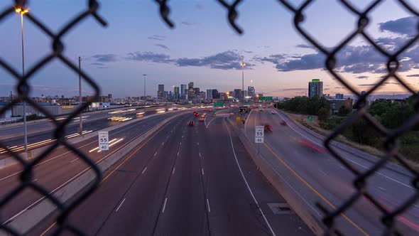 Denver, Colorado Skyline at Dusk with Traffic alt