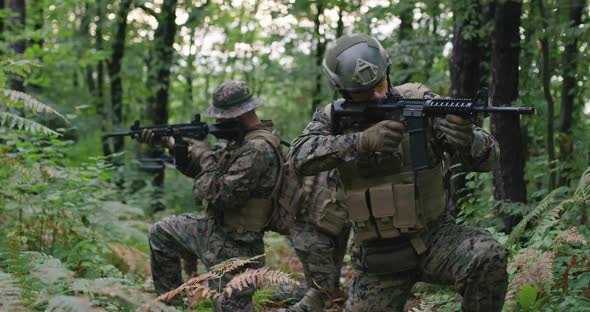 Group of Soldiers Moving Through Smokey Forest with Rifle Ready to Shoot Running Through Forest alt