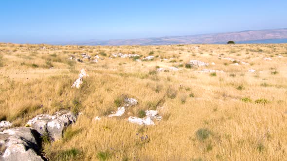 Colorful peaceful over autumn mountains nature with dry grass in foreground