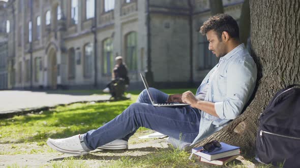 Multinational Young Man Reading Information on Laptop Under Tree, Surprised alt
