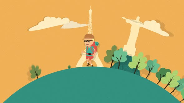 Tourist is walking near the famous international architecture landmarks. alt