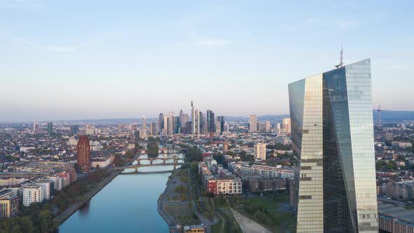 Frankfurt Am Main, Germany Skyline Establisher Sunrise Hyperlapse Moving Time Lapse with European alt