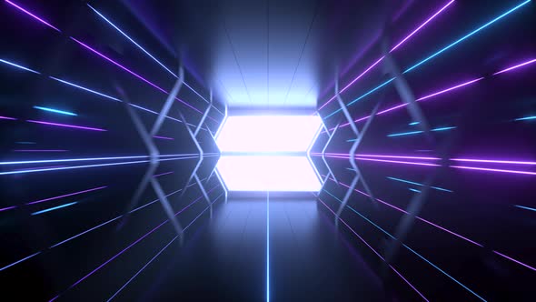 Going forward in dark spaceship tunnel with glowing lines. alt